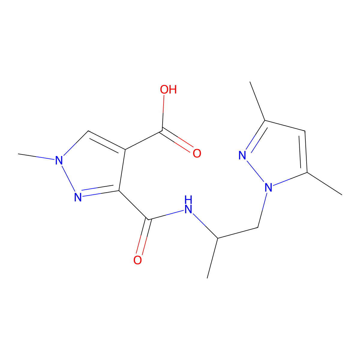 3-((1-(3,5-dimethyl-1H-pyrazol-1-yl)propan-2-yl)carbamoyl)-1-methyl-1H-pyrazole-4-carboxylic acid molecular structure, CAS 1052629-21-6