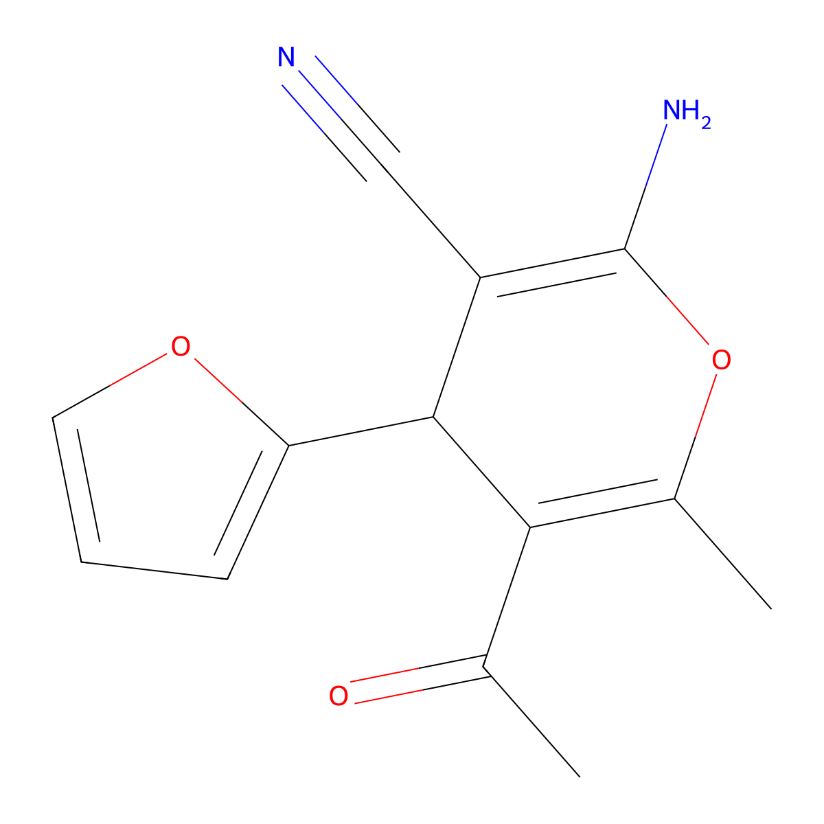 5-Acetyl-2-amino-4-(2-furanyl)-6-methyl-4H-pyran-3-carbonitrile molecular structure, CAS 105263-08-9