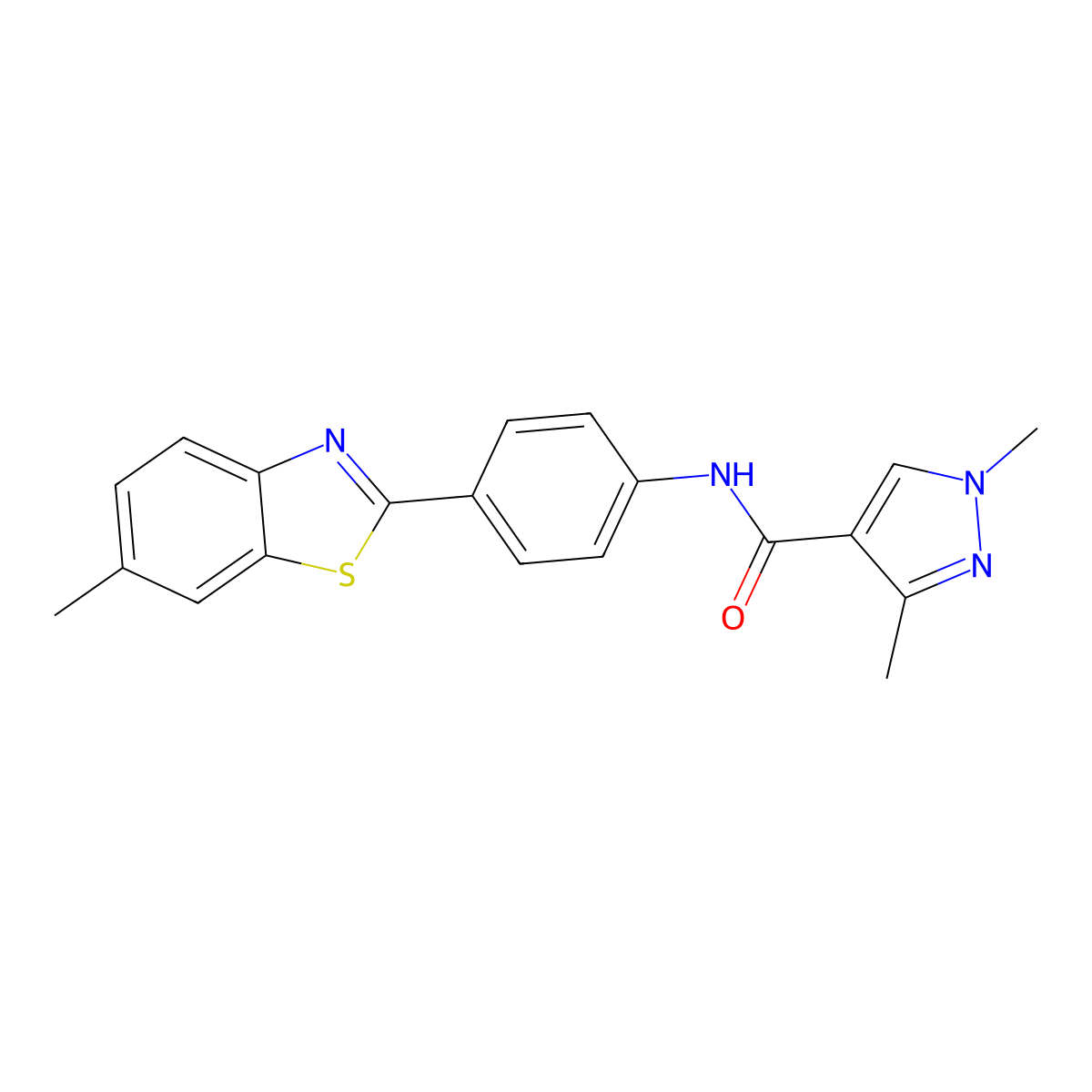 1,3-dimethyl-N-(4-(6-methylbenzo[d]thiazol-2-yl)phenyl)-1H-pyrazole-4-carboxamide molecular structure, CAS 1052630-73-5