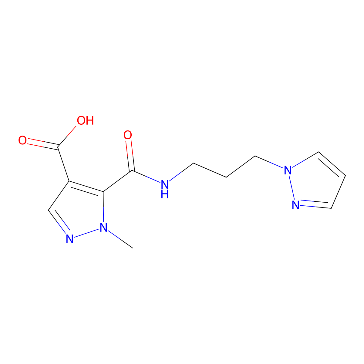 1-methyl-5-{[3-(1H-pyrazol-1-yl)propyl]carbamoyl}-1H-pyrazole-4-carboxylic acid molecular structure, CAS 1052630-86-0