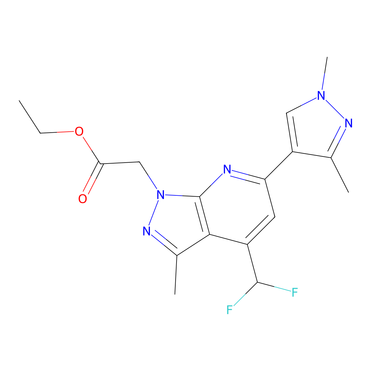 ethyl [4-(difluoromethyl)-6-(1,3-dimethyl-1H-pyrazol-4-yl)-3-methyl-1H-pyrazolo[3,4-b]pyridin-1-yl]acetate molecular structure, CAS 1052634-25-9