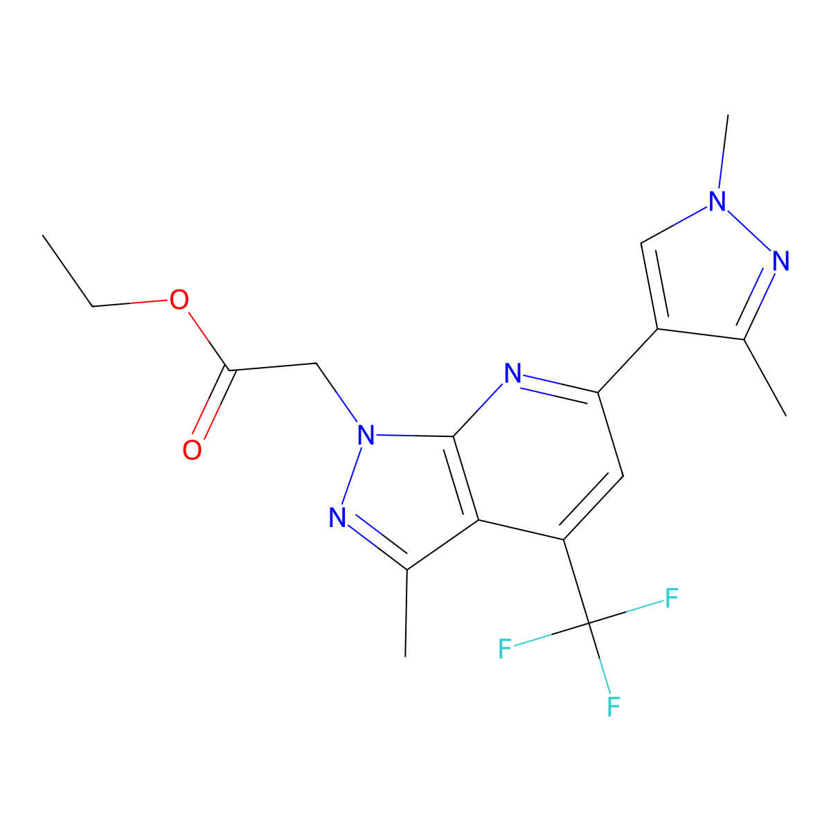 ethyl [6-(1,3-dimethyl-1H-pyrazol-4-yl)-3-methyl-4-(trifluoromethyl)-1H-pyrazolo[3,4-b]pyridin-1-yl]acetate molecular structure, CAS 1052634-92-0