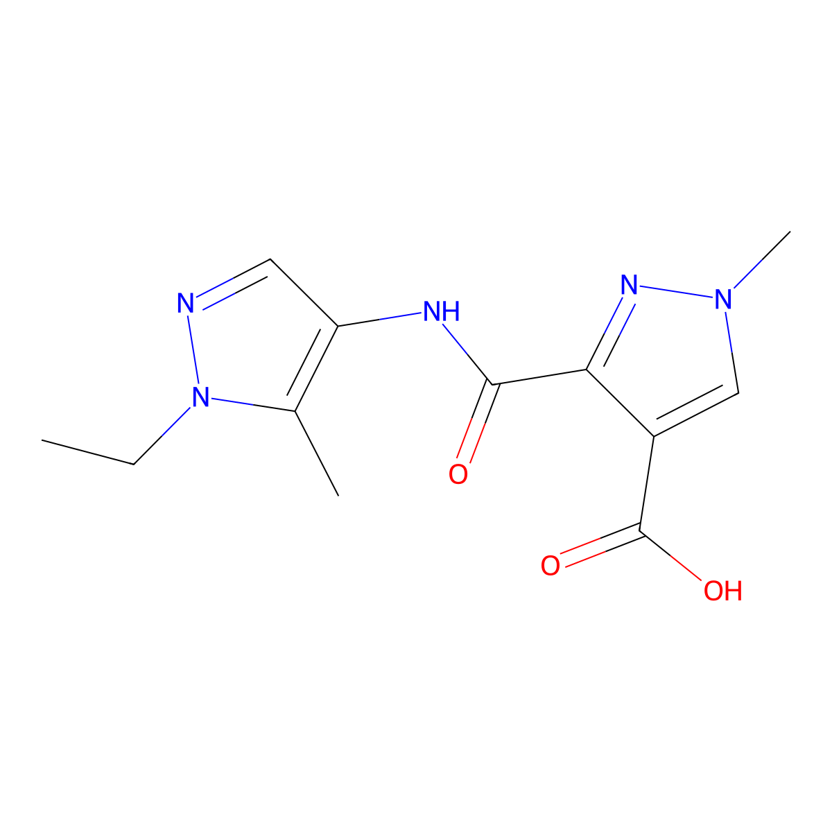 3-((1-ethyl-5-methyl-1H-pyrazol-4-yl)carbamoyl)-1-methyl-1H-pyrazole-4-carboxylic acid molecular structure, CAS 1052642-70-2
