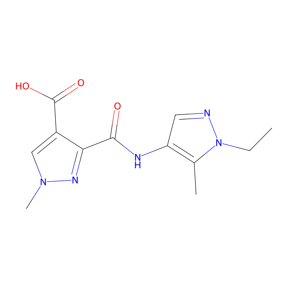 3-((1-ethyl-5-methyl-1H-pyrazol-4-yl)carbamoyl)-1-methyl-1H-pyrazole-4-carboxylic acid molecular structure, CAS 1052642-70-2