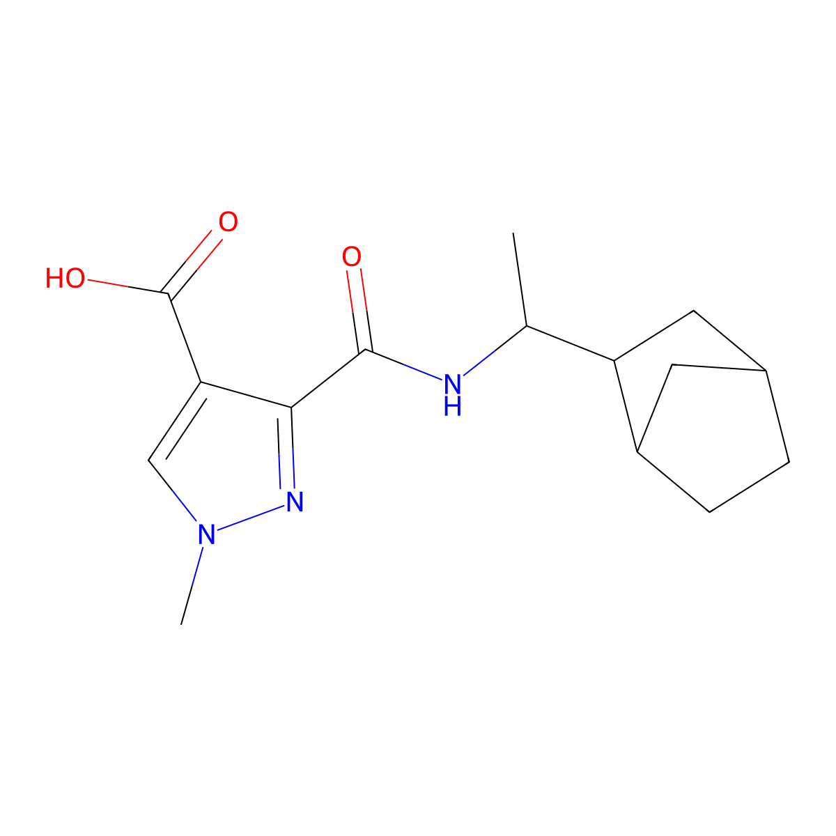 3-{[1-(bicyclo[2.2.1]hept-2-yl)ethyl]carbamoyl}-1-methyl-1H-pyrazole-4-carboxylic acid molecular structure, CAS 1052643-22-7