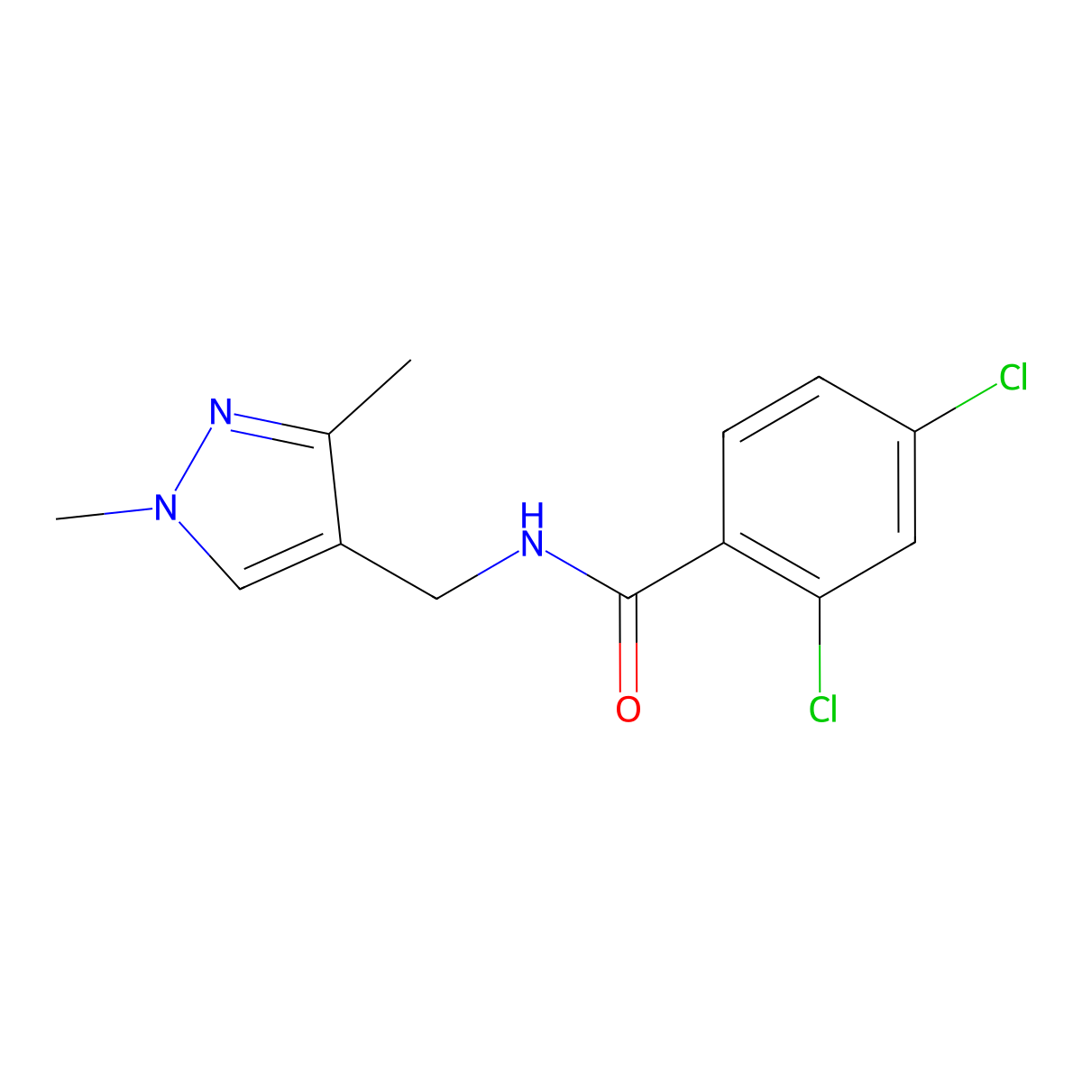 2,4-dichloro-N-((1,3-dimethyl-1H-pyrazol-4-yl)methyl)benzamide molecular structure, CAS 1052648-56-2