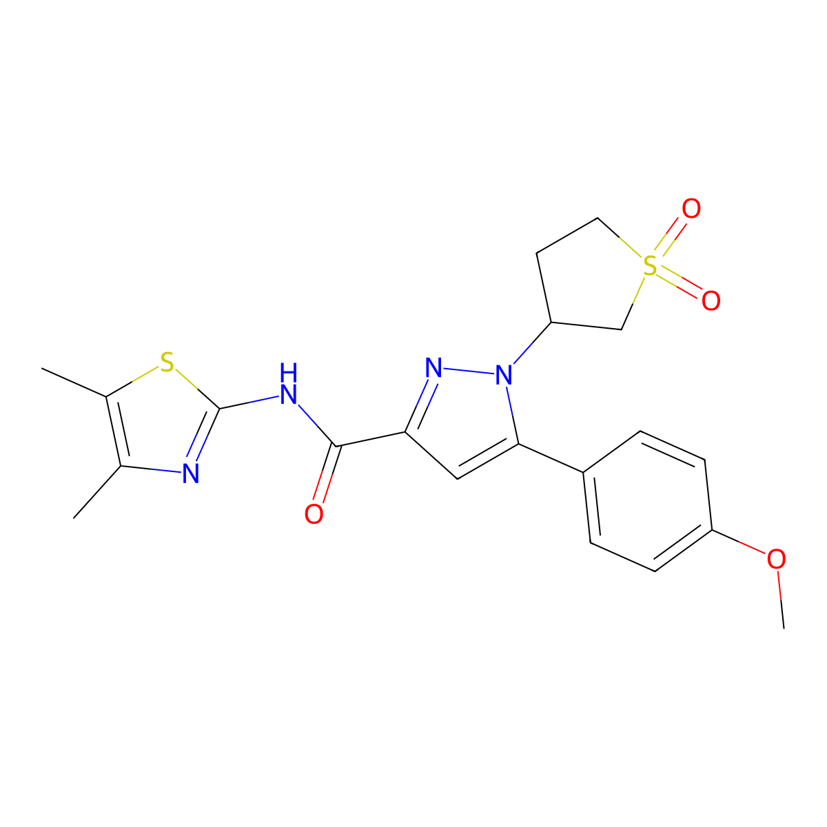 N-(4,5-dimethyl-1,3-thiazol-2-yl)-1-(1,1-dioxidotetrahydro-3-thienyl)-5-(4-methoxyphenyl)-1H-pyrazole-3-carboxamide molecular structure, CAS 1052668-16-2