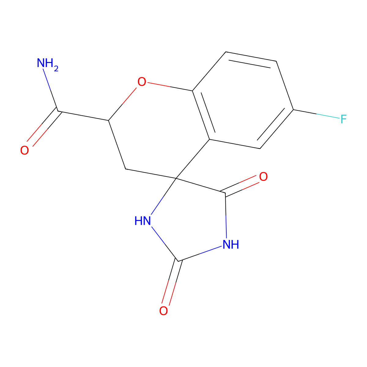 6-Fluoro-2',5'-dioxo-2,3-dihydrospiro[chromene-4,4'-imidazolidine]-2-carboxamide molecular structure, CAS 105300-43-4