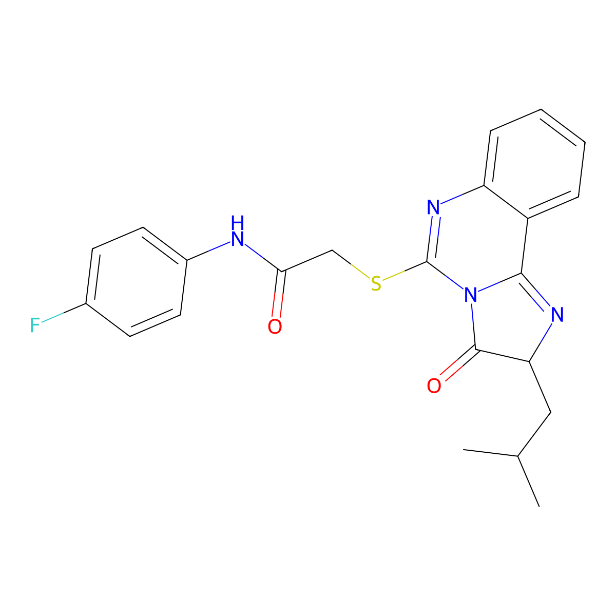 N-(4-fluorophenyl)-2-((2-isobutyl-3-oxo-2,3-dihydroimidazo[1,2-c]quinazolin-5-yl)thio)acetamide molecular structure, CAS 1053078-21-9