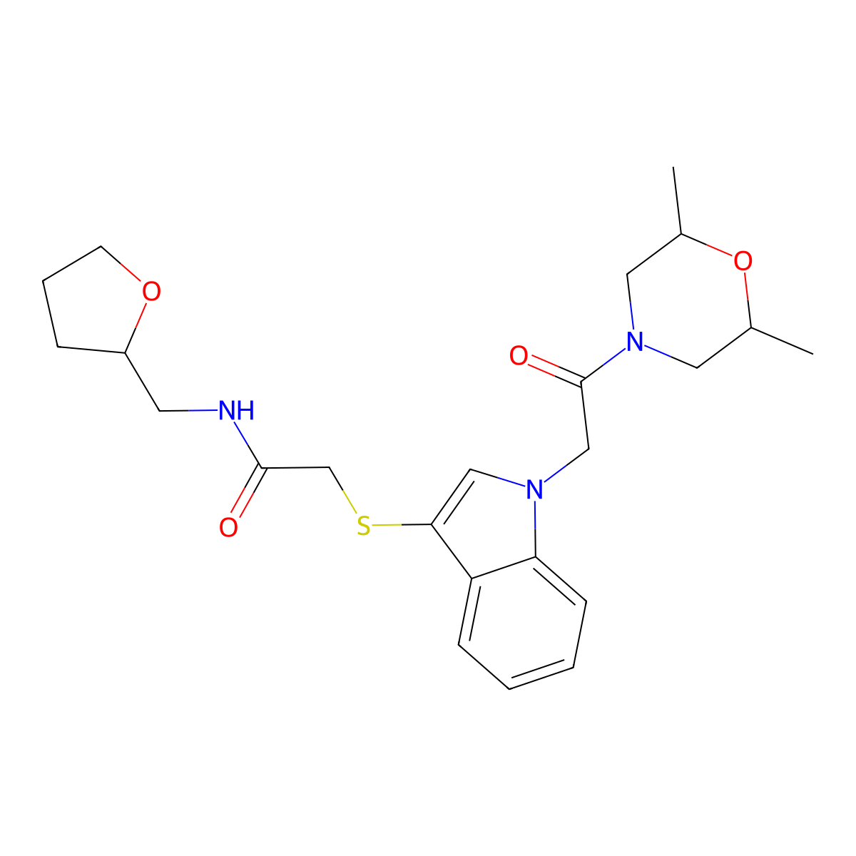 2-((1-(2-(2,6-dimethylmorpholino)-2-oxoethyl)-1H-indol-3-yl)thio)-N-((tetrahydrofuran-2-yl)methyl)acetamide molecular structure, CAS 1053084-67-5