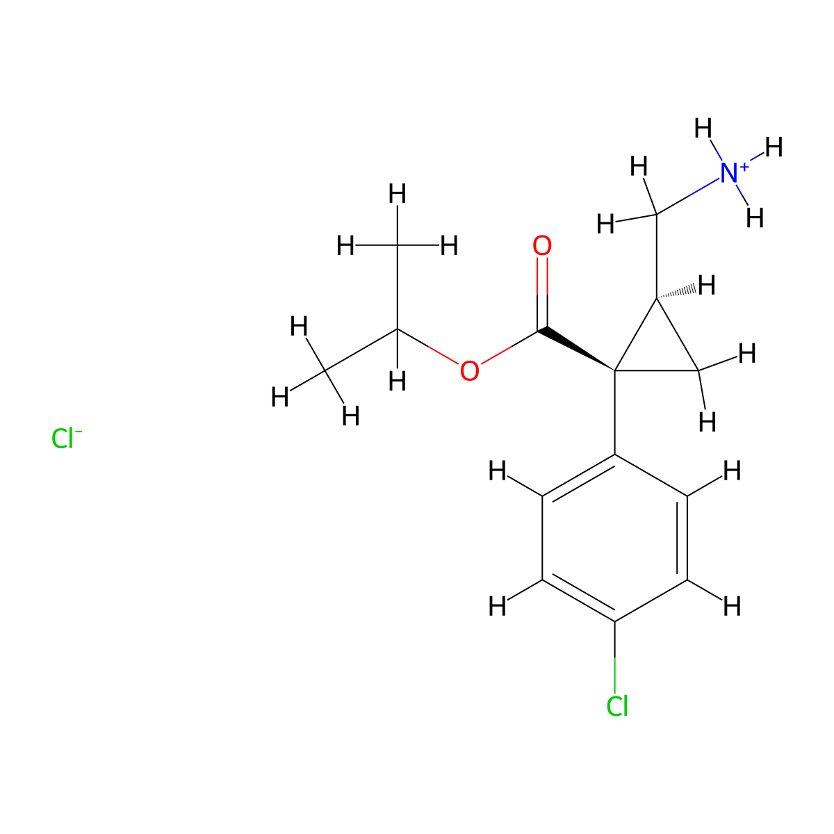 Propan-2-yl 2-(aminomethyl)-1-(4-chlorophenyl)cyclopropane-1-carboxylate--hydrogen chloride (1/1) molecular structure, CAS 105310-30-3