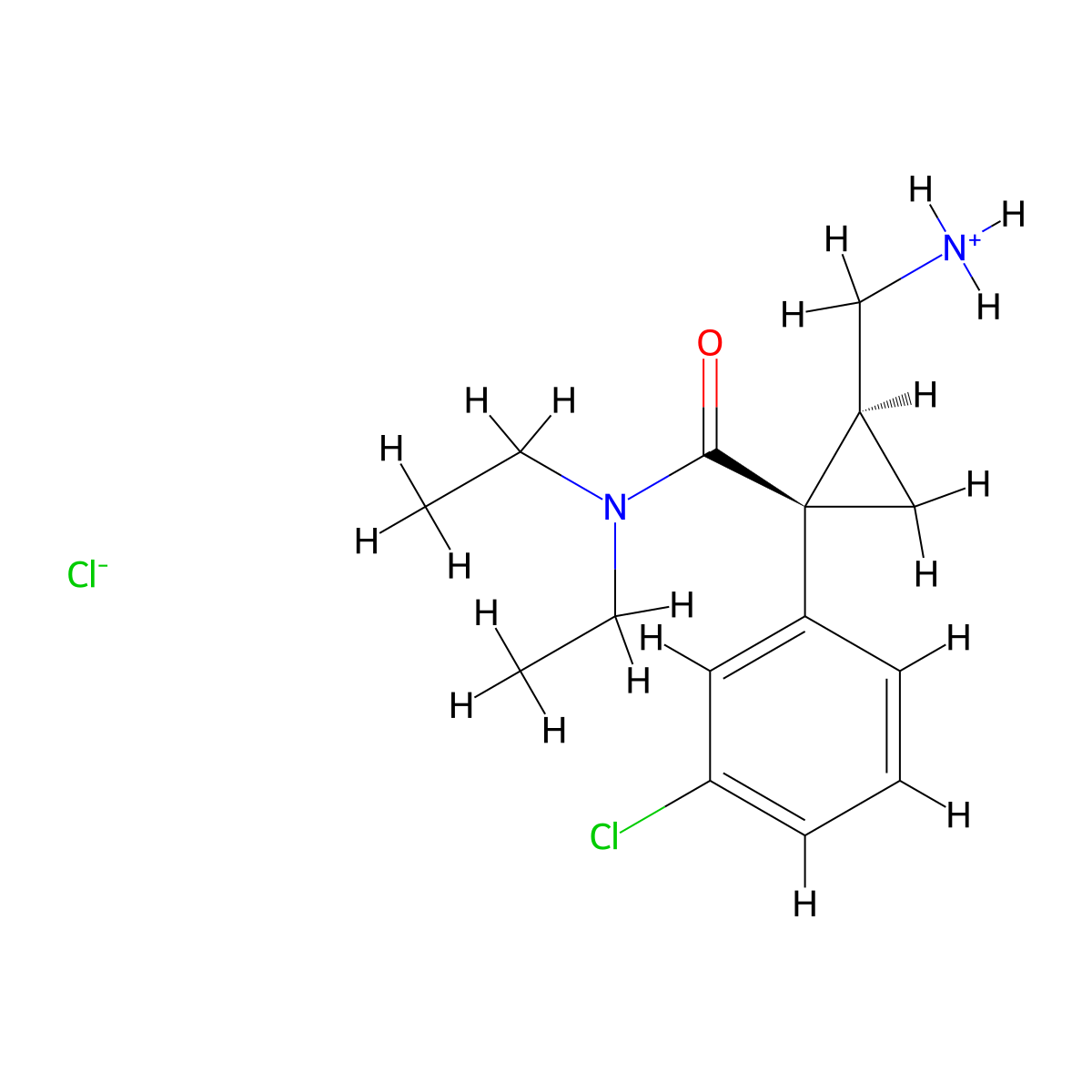 2-(Aminomethyl)-1-(3-chlorophenyl)-N,N-diethylcyclopropane-1-carboxamide--hydrogen chloride (1/1) molecular structure, CAS 105310-37-0
