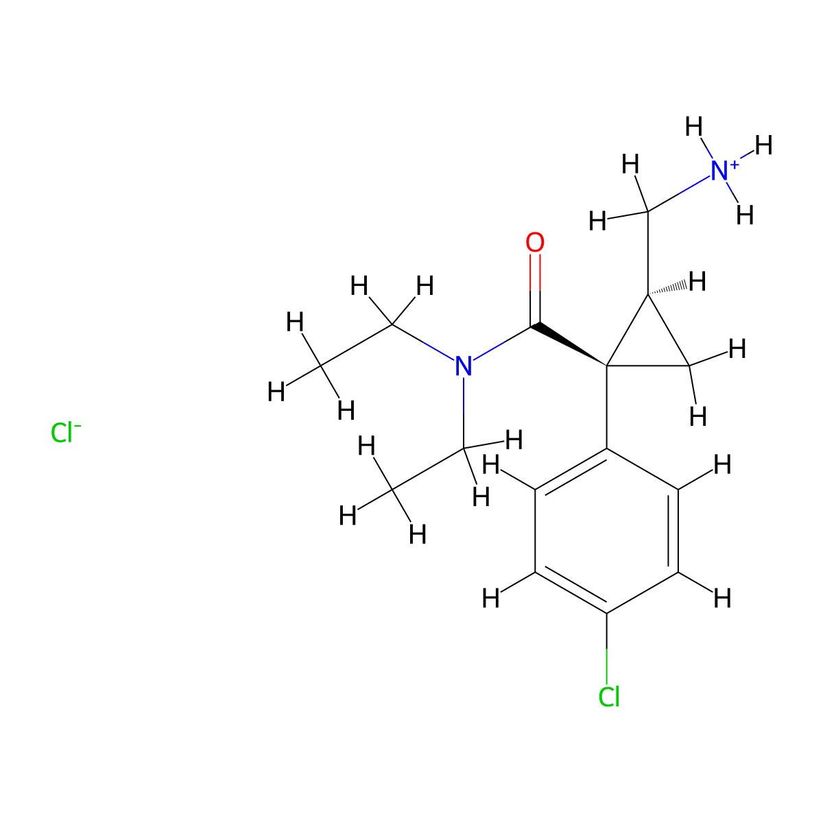 2-(Aminomethyl)-1-(4-chlorophenyl)-N,N-diethylcyclopropane-1-carboxamide--hydrogen chloride (1/1) molecular structure, CAS 105310-38-1