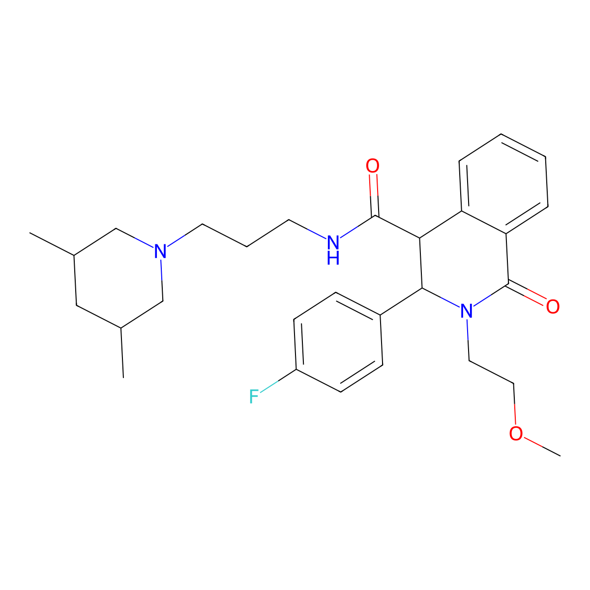N-[3-(3,5-dimethylpiperidin-1-yl)propyl]-3-(4-fluorophenyl)-2-(2-methoxyethyl)-1-oxo-1,2,3,4-tetrahydroisoquinoline-4-carboxamide molecular structure, CAS 1053164-77-4