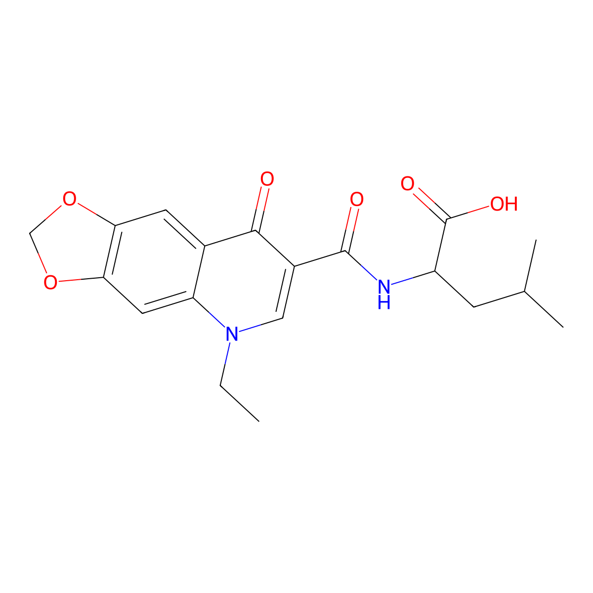 (S)-2-(5-ethyl-8-oxo-5,8-dihydro-[1,3]dioxolo[4,5-g]quinoline-7-carboxamido)-4-methylpentanoic acid molecular structure, CAS 105329-10-0
