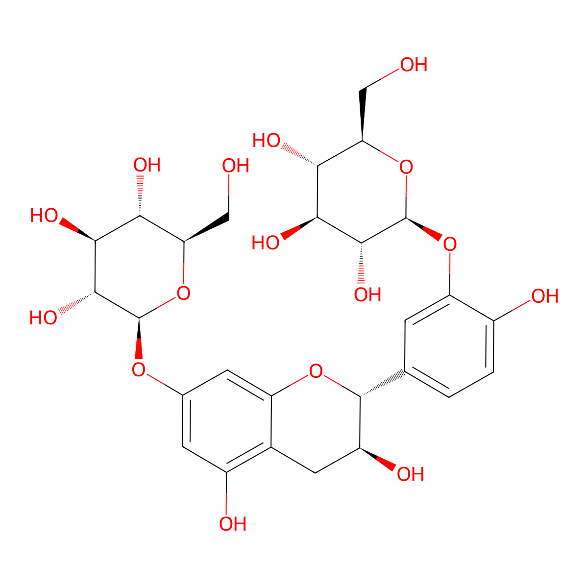 5-((2R,3S)-7-(beta-D-Glucopyranosyloxy)-3,4-dihydro-3,5-dihydroxy-2H-1-benzopyran-2-yl)-2-hydroxyphenyl beta-D-glucopyranoside molecular structure, CAS 105330-53-8