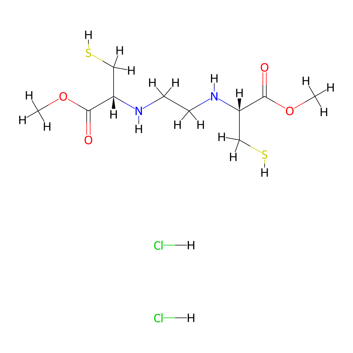 Dimethyl 2,2'-(ethane-1,2-diylbis(azanediyl))(2R,2'R)-bis(3-mercaptopropanoate) dihydrochloride molecular structure, CAS 105335-09-9