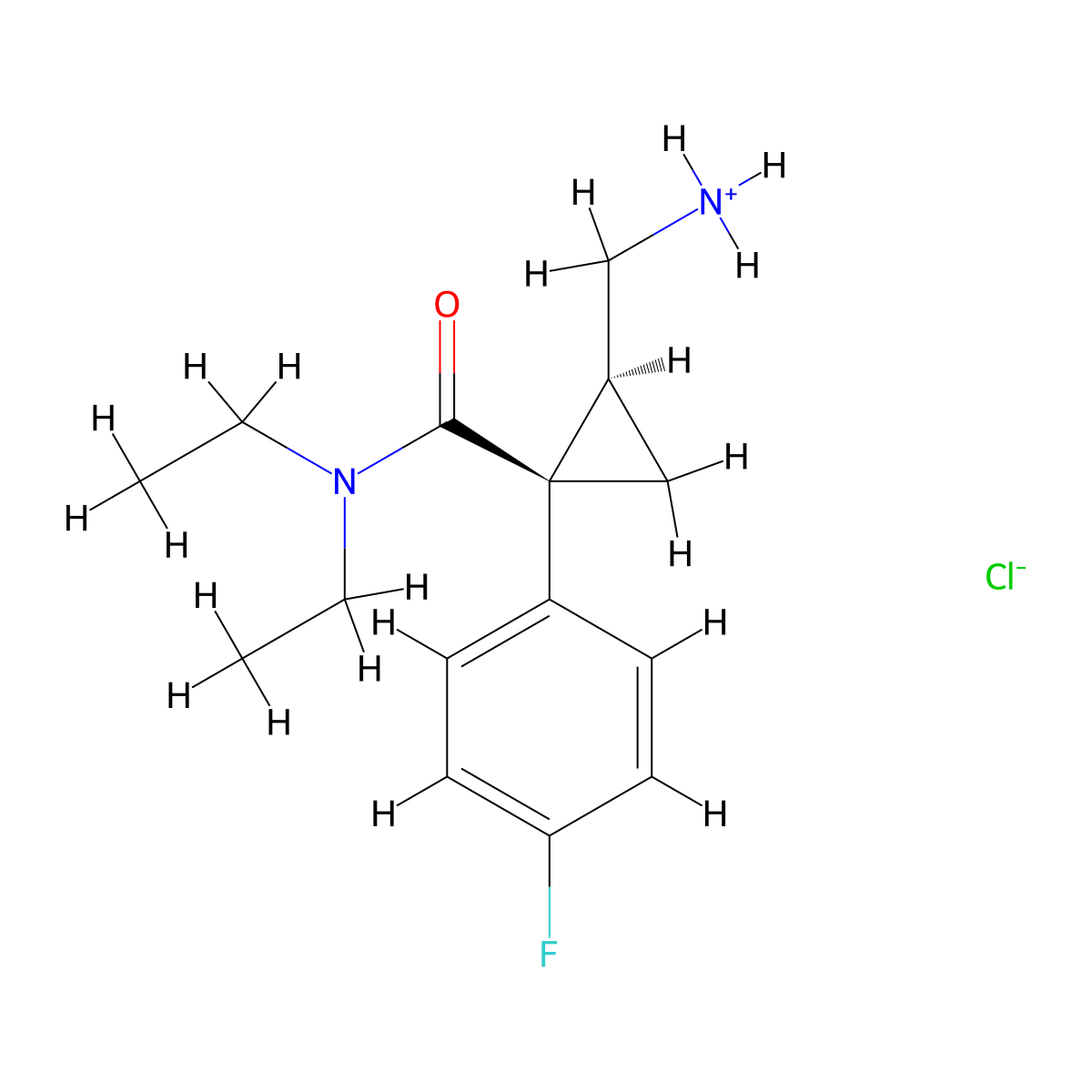2-(Aminomethyl)-N,N-diethyl-1-(4-fluorophenyl)cyclopropane-1-carboxamide--hydrogen chloride (1/1) molecular structure, CAS 105335-54-4
