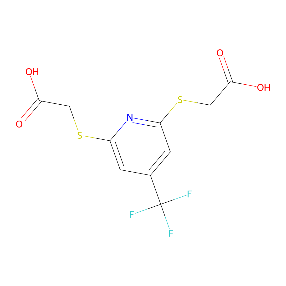 (6-Carboxymethylsulfanyl-4-(trifluoromethyl)pyridin-2-ylsulfanyl)acetic acid molecular structure, CAS 1053659-76-9