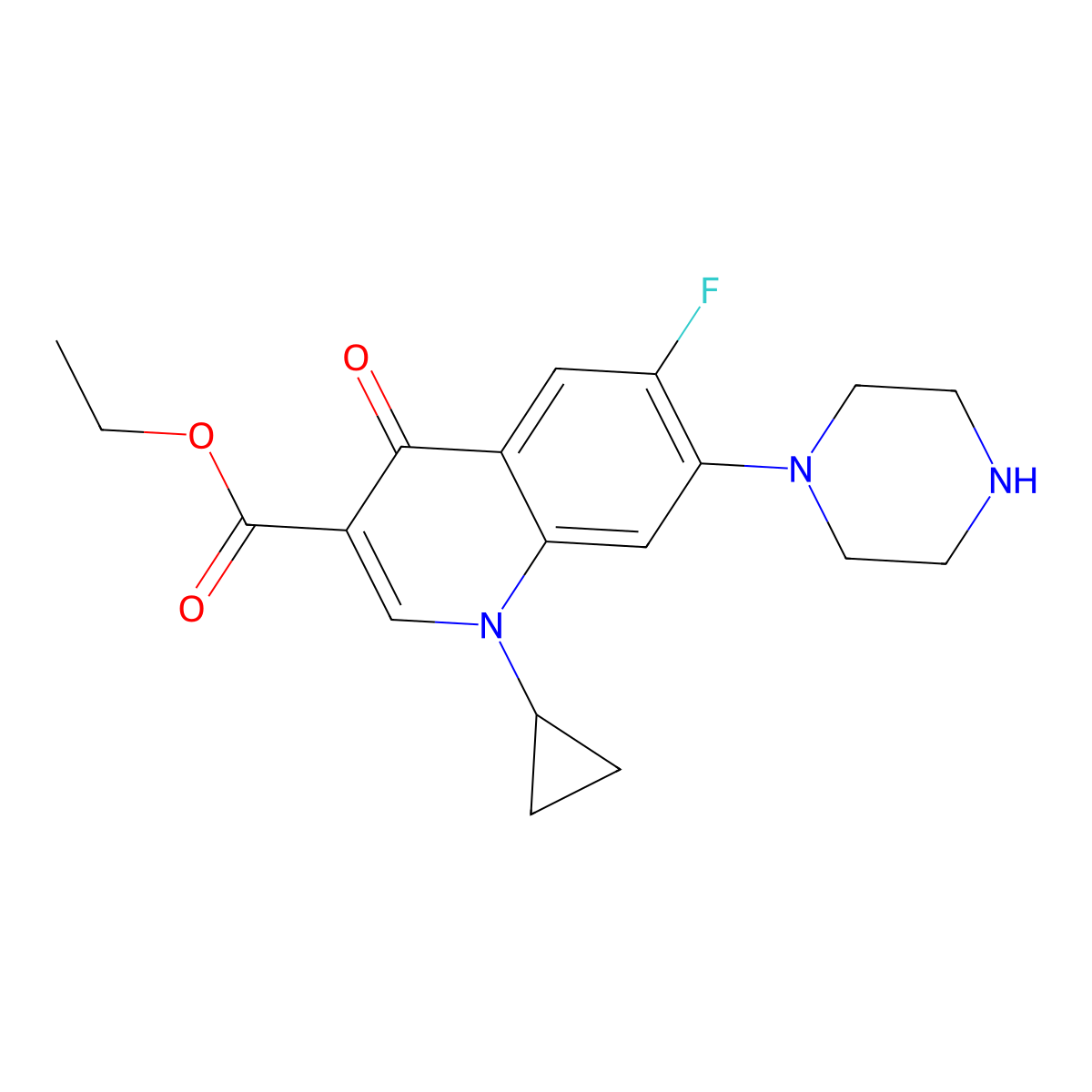 Ethyl 1-cyclopropyl-6-fluoro-4-oxo-7-(piperazin-1-yl)-1,4-dihydroquinoline-3-carboxylate molecular structure, CAS 105404-65-7