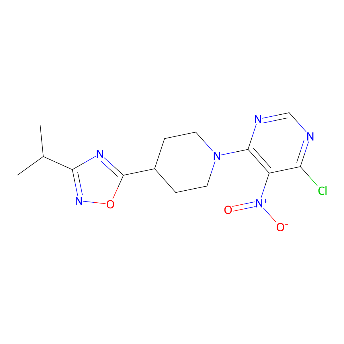 5-(1-(6-Chloro-5-nitropyrimidin-4-YL)piperidin-4-YL)-3-isopropyl-1,2,4-oxadiazole molecular structure, CAS 1054579-82-6