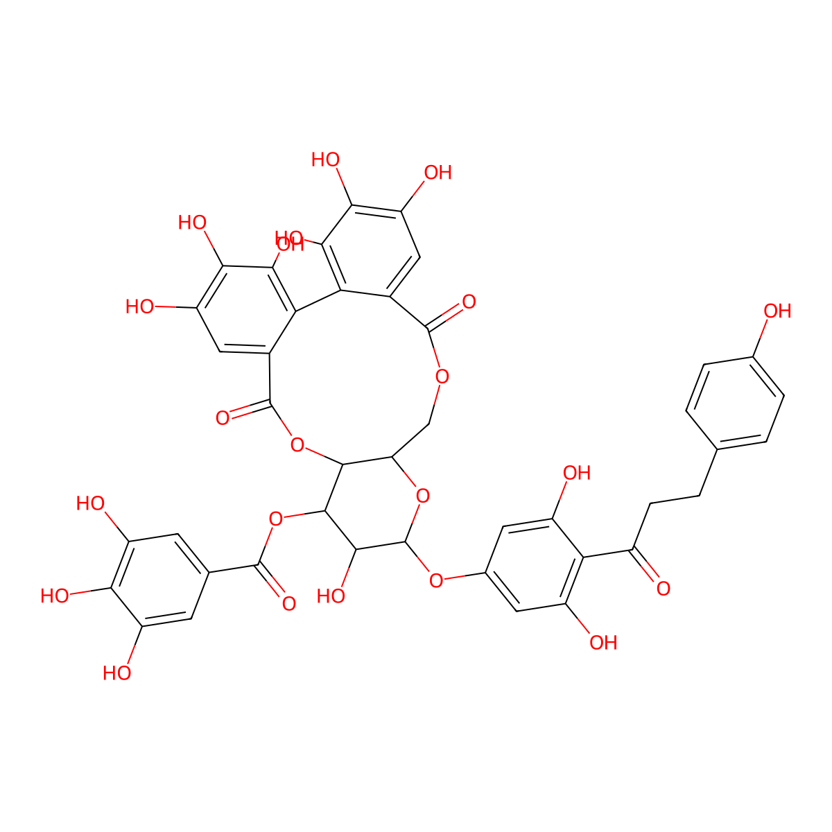 (11aR,13S,14R,15R,15aR)-13-(3,5-Dihydroxy-4-(3-(4-hydroxyphenyl)propanoyl)phenoxy)-2,3,4,5,6,7,14-heptahydroxy-9,17-dioxo-9,11,11a,13,14,15,15a,17-octahydrodibenzo[g,i]pyrano[3,2-b][1,5]dioxacycloundecin-15-yl 3,4,5-trihydroxybenzoate molecular structure, CAS 1055032-77-3