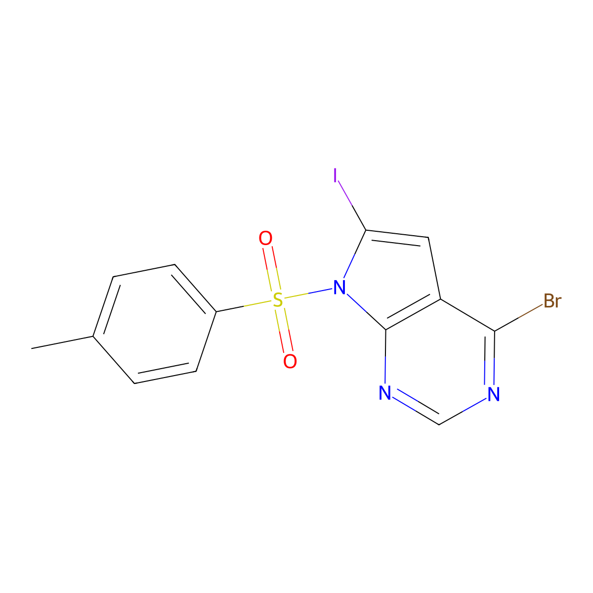4-Bromo-6-iodo-7-tosyl-7H-pyrrolo[2,3-d]pyrimidine molecular structure, CAS 1055045-75-4