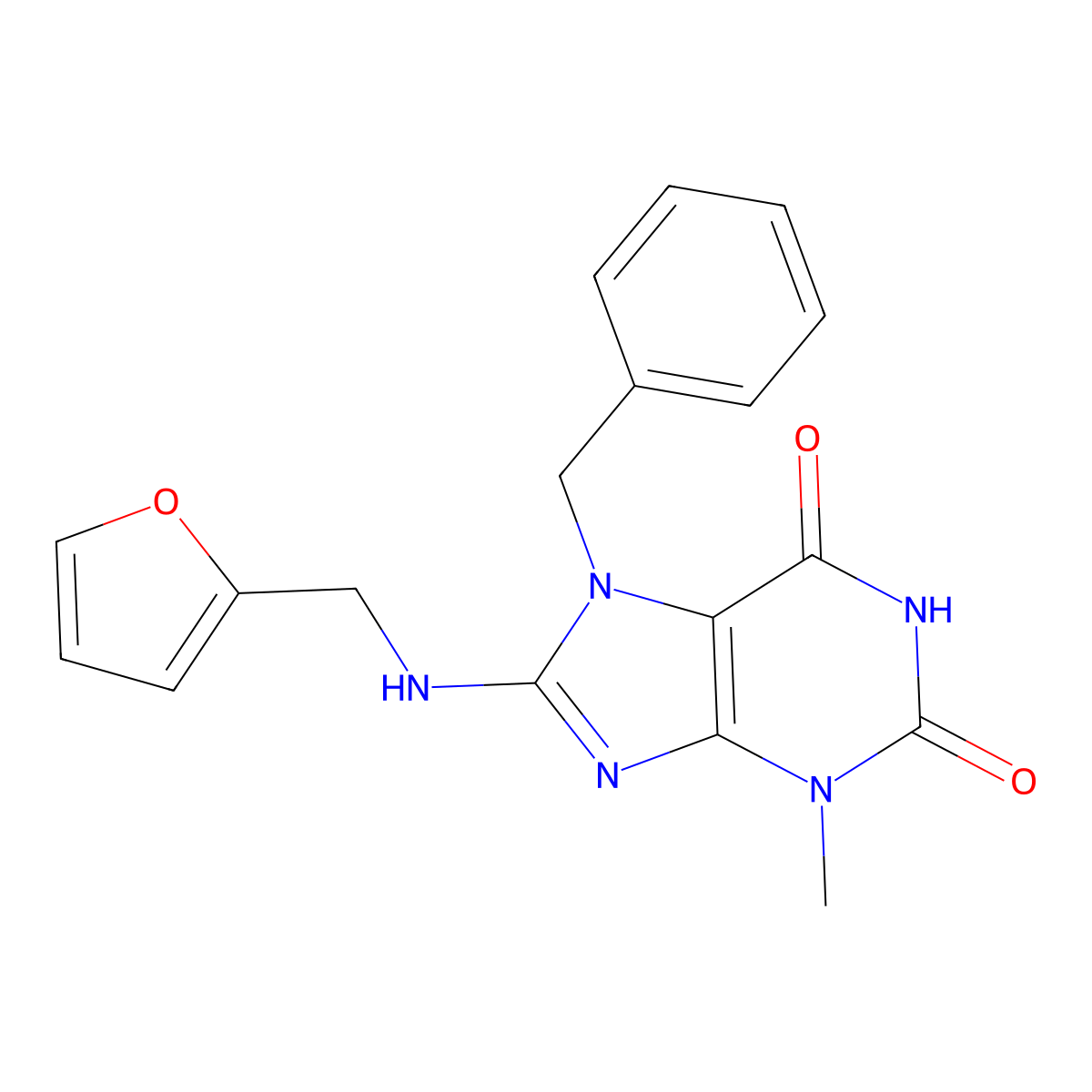1H-Purine-2,6-dione, 3,7-dihydro-8-((2-furanylmethyl)amino)-3-methyl-7-(phenylmethyl)- molecular structure, CAS 105522-54-1