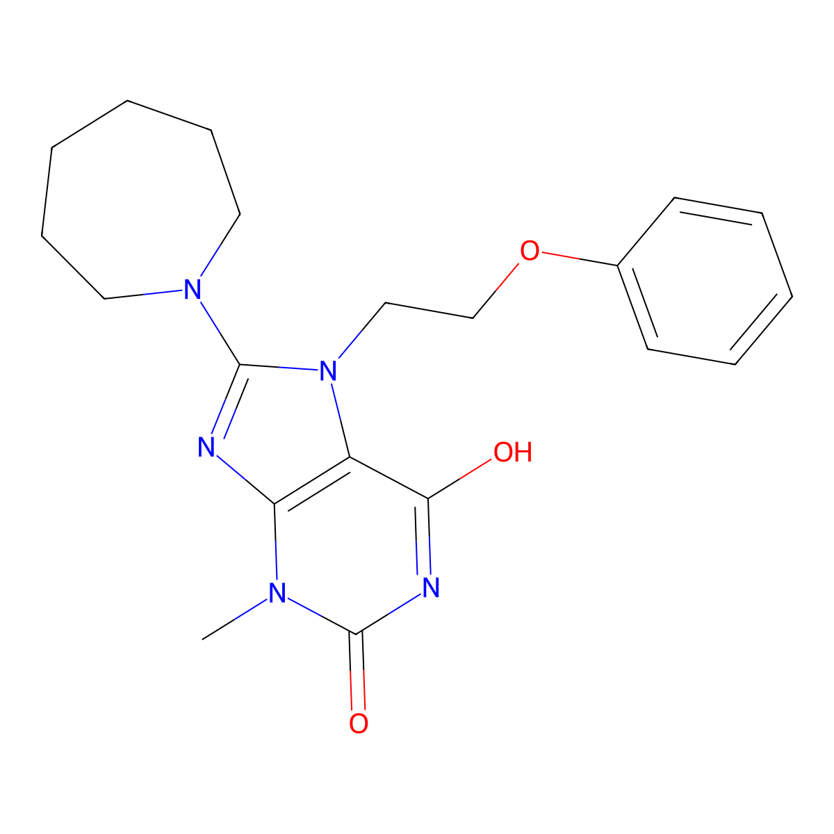 1H-Purine-2,6-dione, 3,7-dihydro-8-(hexahydro-1H-azepin-1-yl)-3-methyl-7-(2-phenoxyethyl)- molecular structure, CAS 105522-56-3