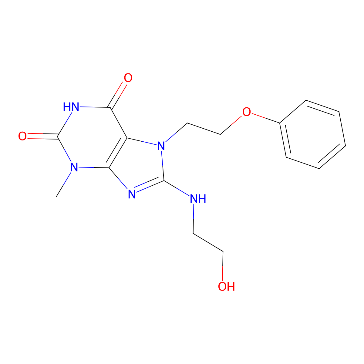 1H-Purine-2,6-dione, 3,7-dihydro-8-((2-hydroxyethyl)amino)-3-methyl-7-(2-phenoxyethyl)- molecular structure, CAS 105522-57-4