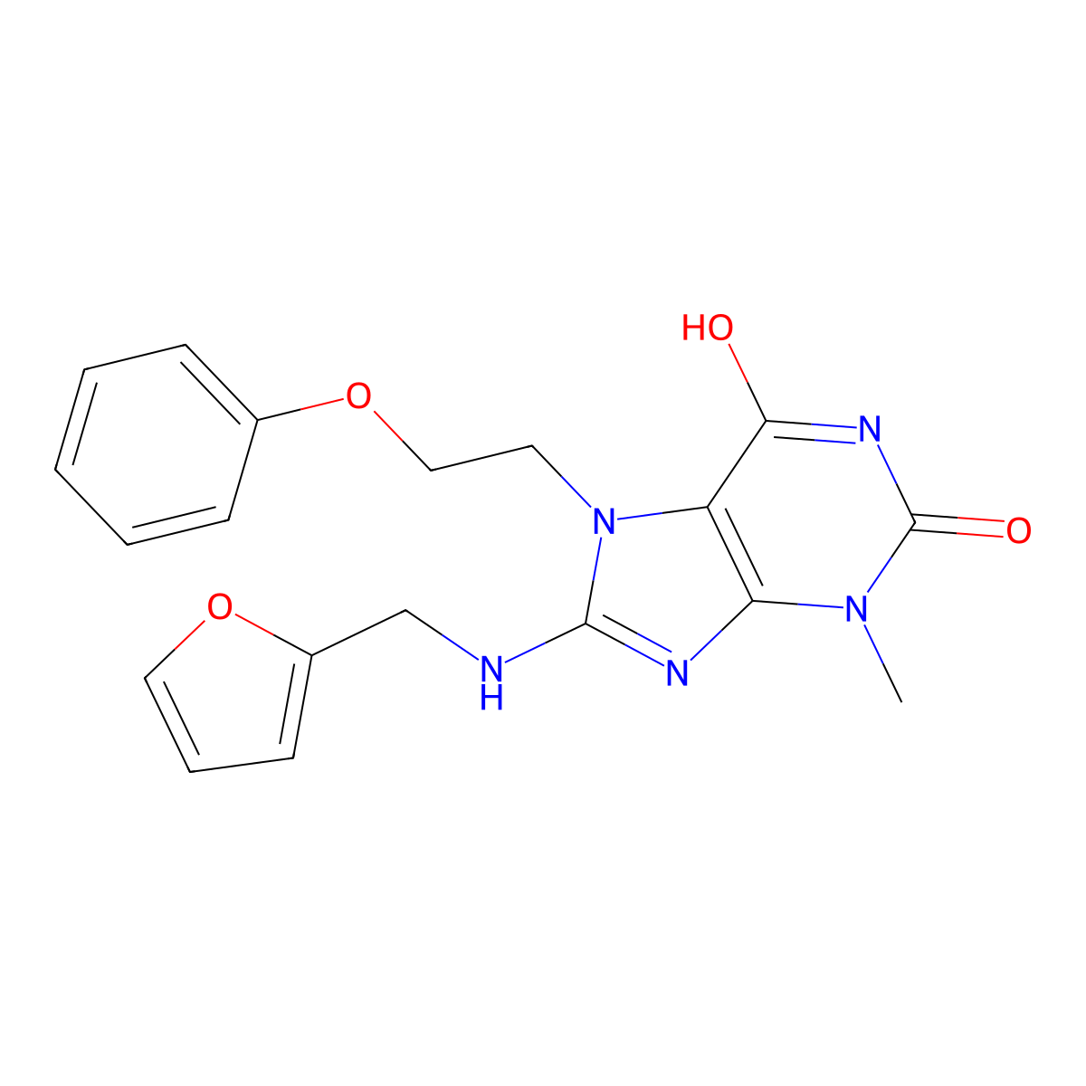 1H-Purine-2,6-dione, 3,7-dihydro-8-((2-furanylmethyl)amino)-3-methyl-7-(2-phenoxyethyl)- molecular structure, CAS 105522-60-9
