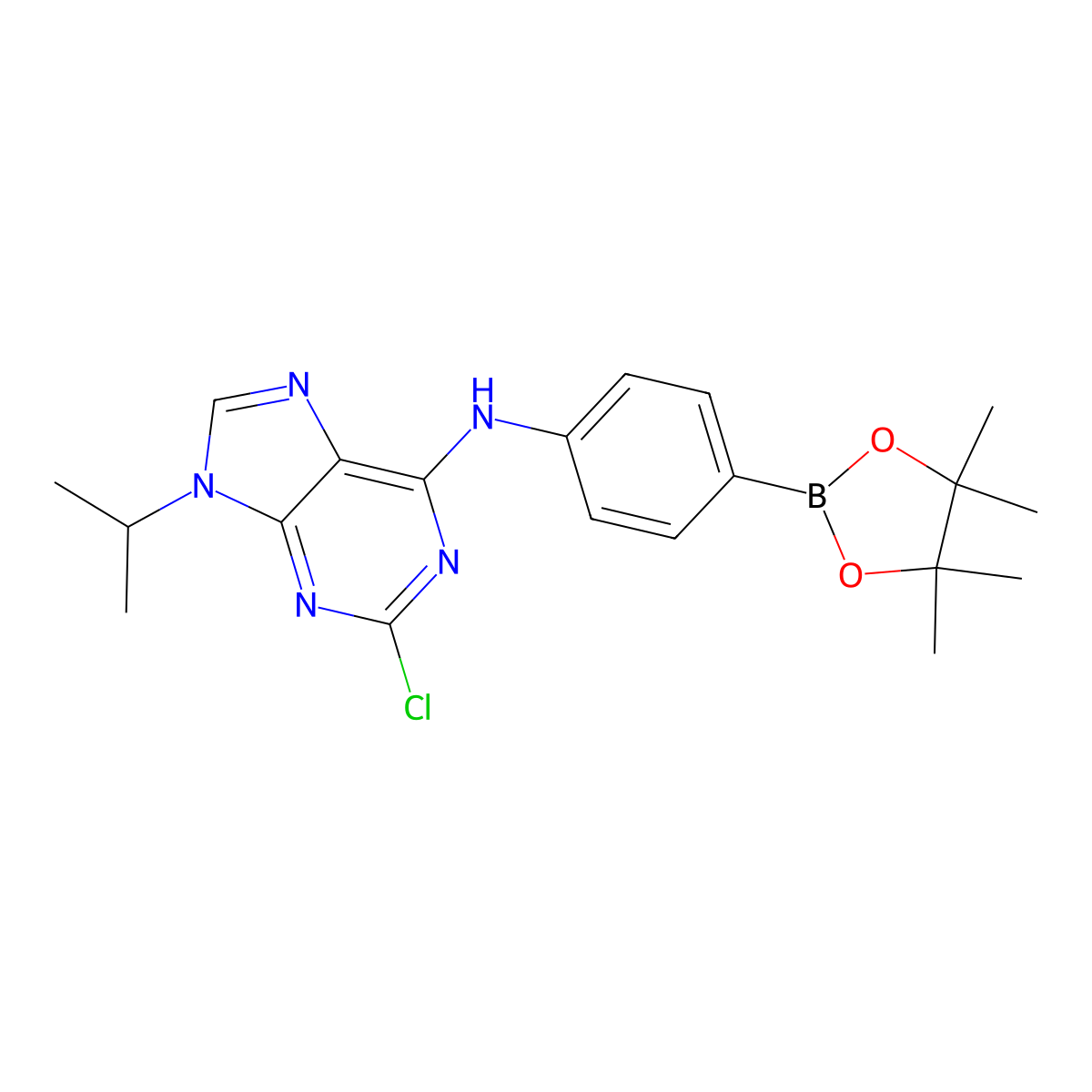2-Chloro-9-isopropyl-N-(4-(4,4,5,5-tetramethyl-1,3,2-dioxaborolan-2-yl)phenyl)-9H-purin-6-amine molecular structure, CAS 1056016-74-0