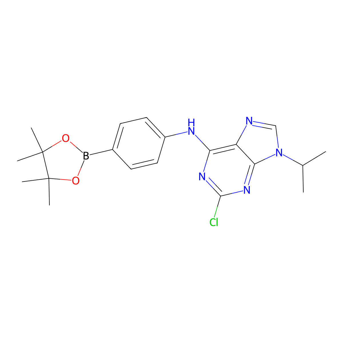 2-Chloro-9-isopropyl-N-(4-(4,4,5,5-tetramethyl-1,3,2-dioxaborolan-2-yl)phenyl)-9H-purin-6-amine molecular structure, CAS 1056016-74-0