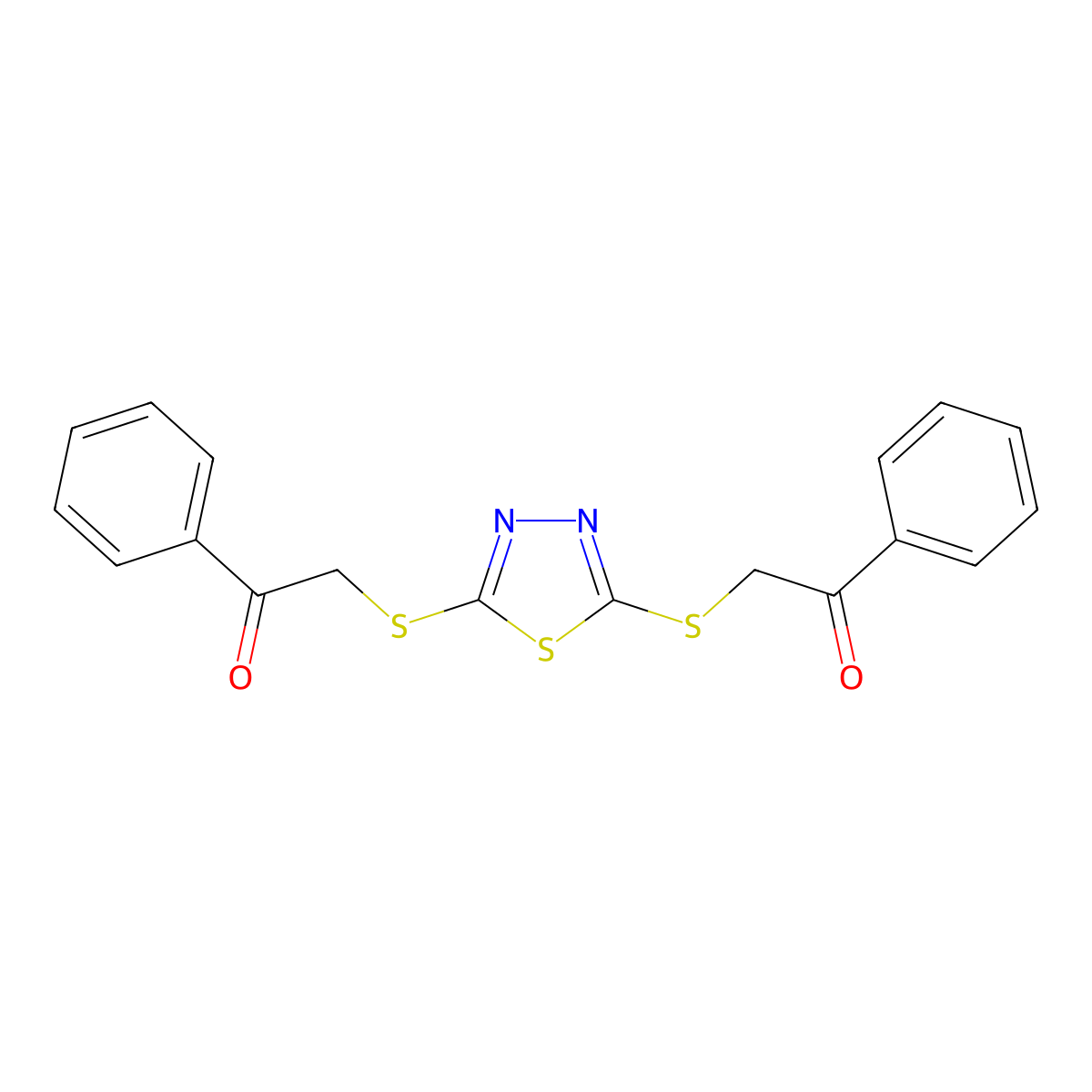 2-({5-[(2-Oxo-2-phenylethyl)sulfanyl]-1,3,4-thiadiazol-2-yl}sulfanyl)-1-phenylethan-1-one molecular structure, CAS 105604-23-7