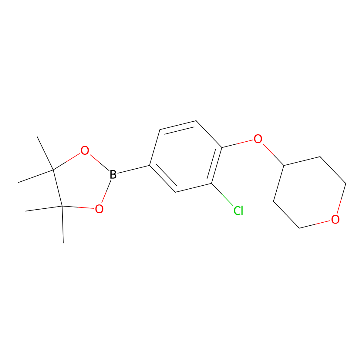 2-(3-chloro-4-(tetrahydro-2H-pyran-4-yloxy)phenyl)-4,4,5,5-tetramethyl-1,3,2-dioxaborolane molecular structure, CAS 1056465-09-8