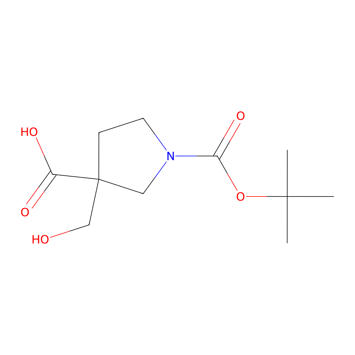 1-((Tert-butoxy)carbonyl)-3-(hydroxymethyl)pyrrolidine-3-carboxylic acid molecular structure, CAS 1056623-91-6