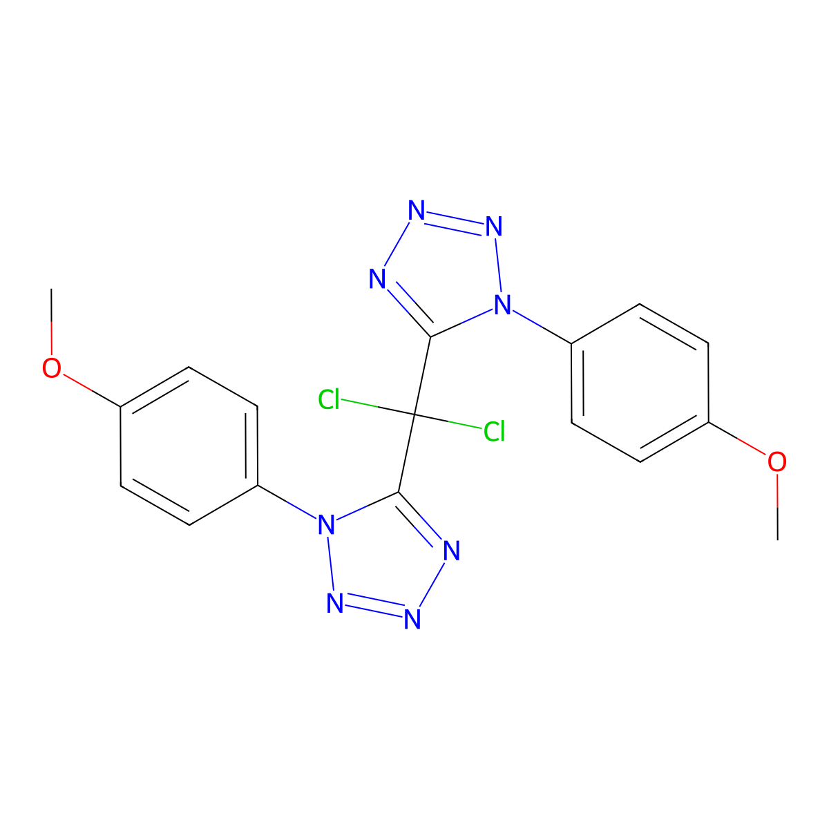 dichlorobis(1-(4-methoxyphenyl)-1H-tetrazol-5-yl)methane molecular structure, CAS 105678-79-3