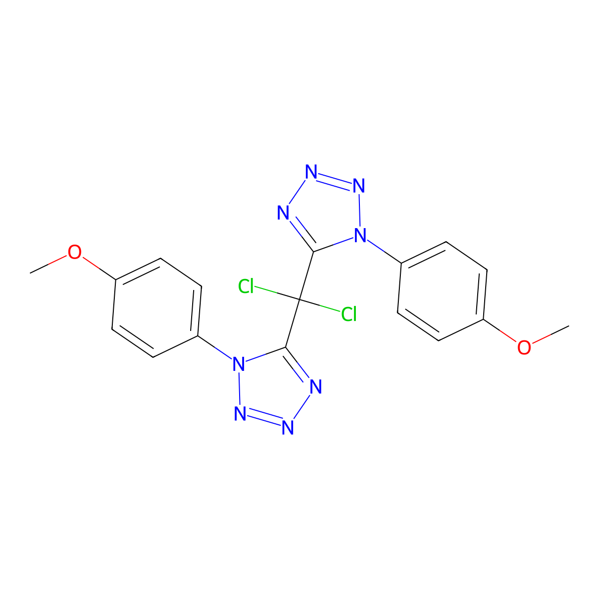 dichlorobis(1-(4-methoxyphenyl)-1H-tetrazol-5-yl)methane molecular structure, CAS 105678-79-3