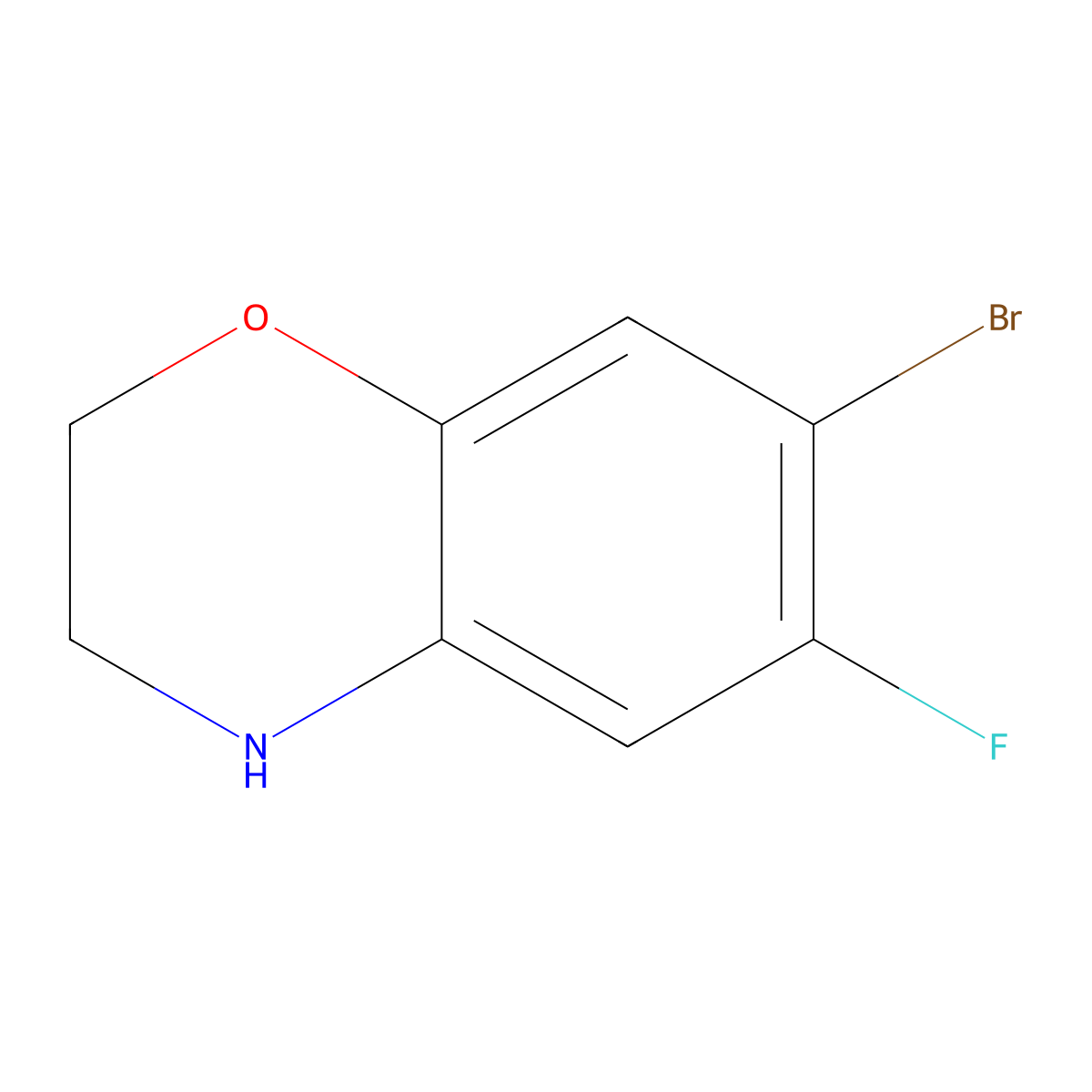 7-bromo-6-fluoro-3,4-dihydro-2H-1,4-benzoxazine molecular structure, CAS 105679-34-3