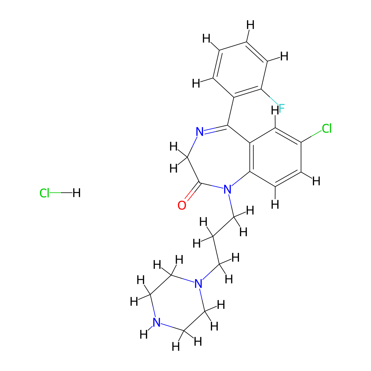 2H-1,4-Benzodiazepin-2-one, 7-chloro-5-(2-fluorophenyl)-1,3-dihydro-1-(3-(1-piperazinyl)propyl)-, hydrochloride (1:1) molecular structure, CAS 1057-13-2