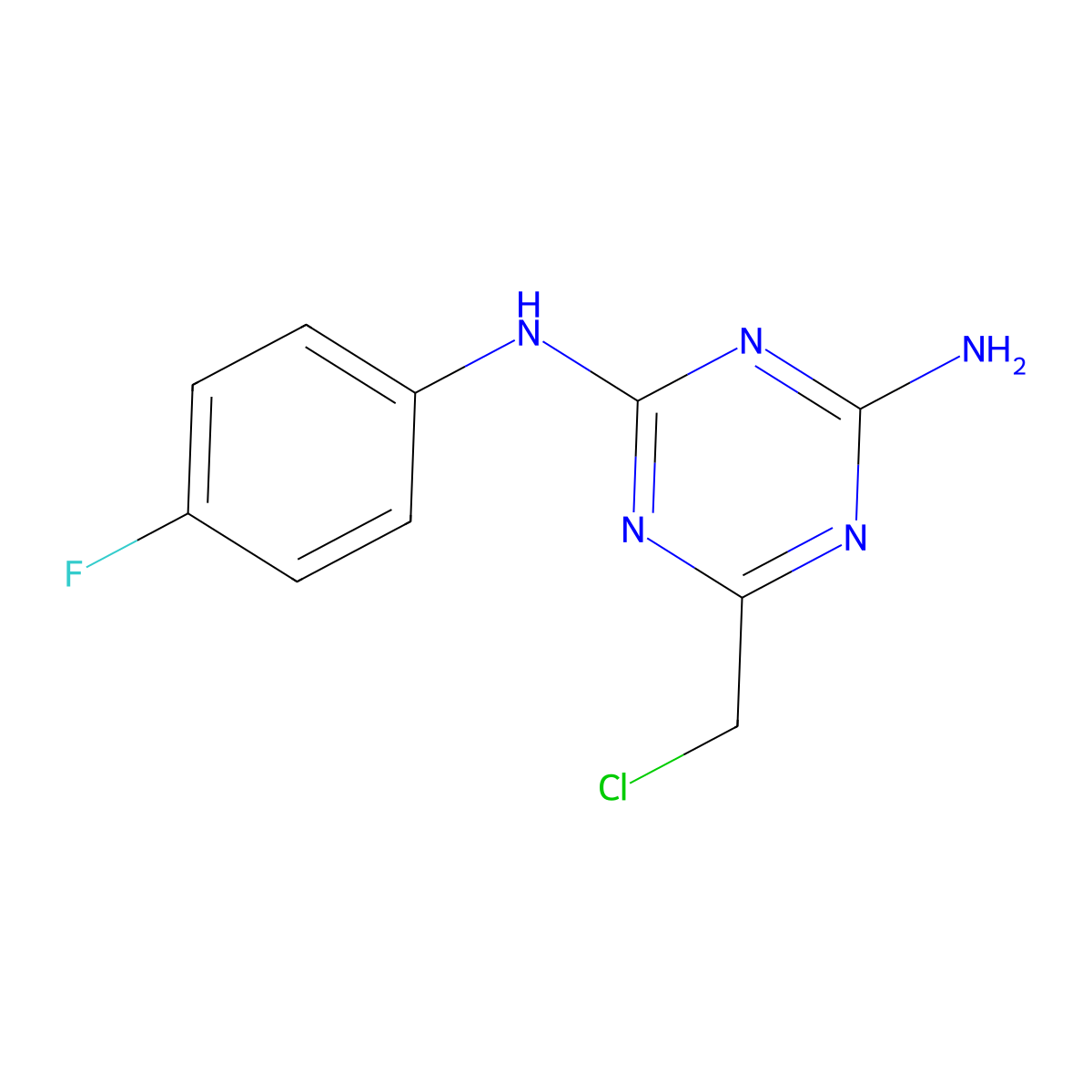 6-(chloromethyl)-2-N-(4-fluorophenyl)-1,3,5-triazine-2,4-diamine molecular structure, CAS 105704-32-3