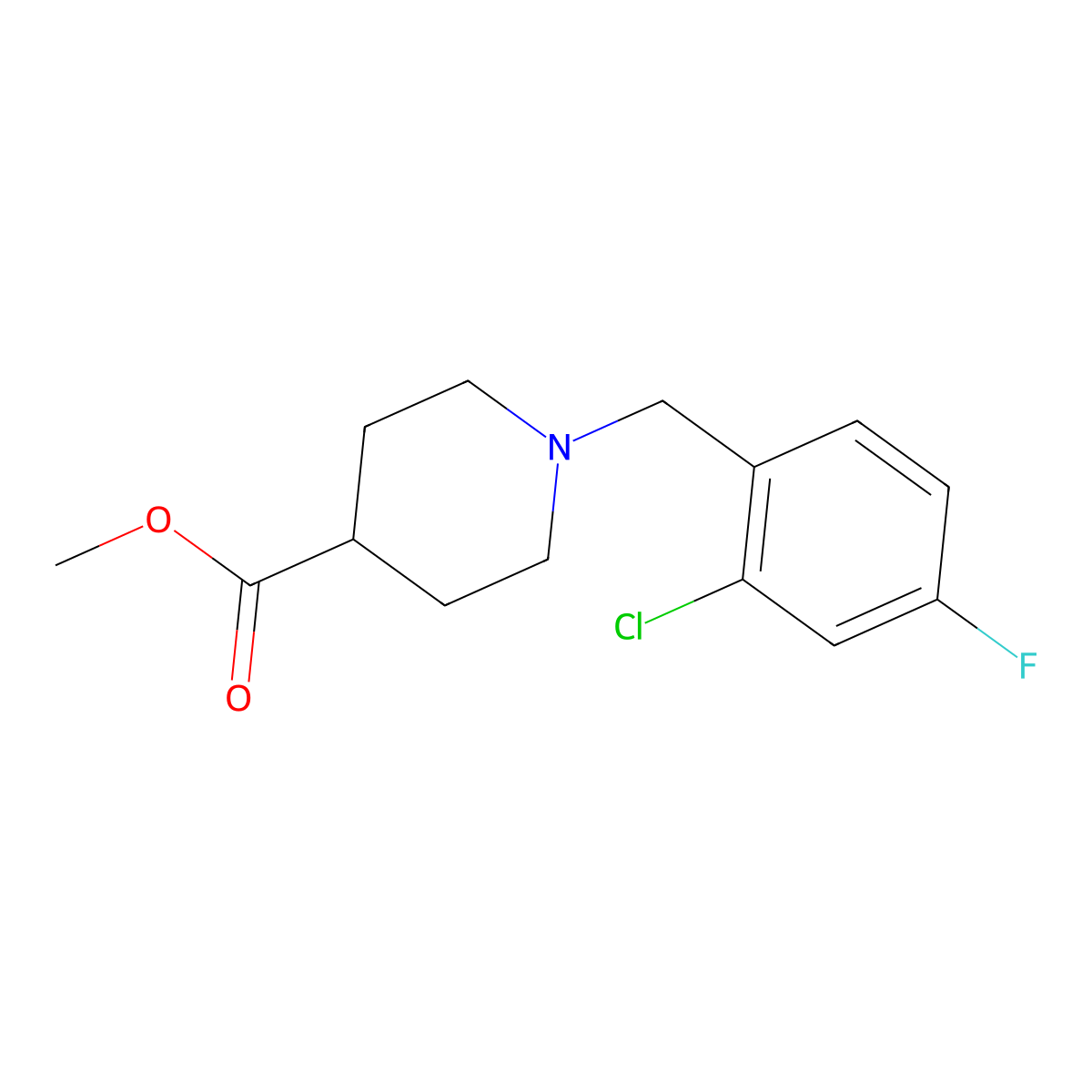 Methyl 1-[(2-chloro-4-fluorophenyl)methyl]piperidine-4-carboxylate molecular structure, CAS 1057273-64-9
