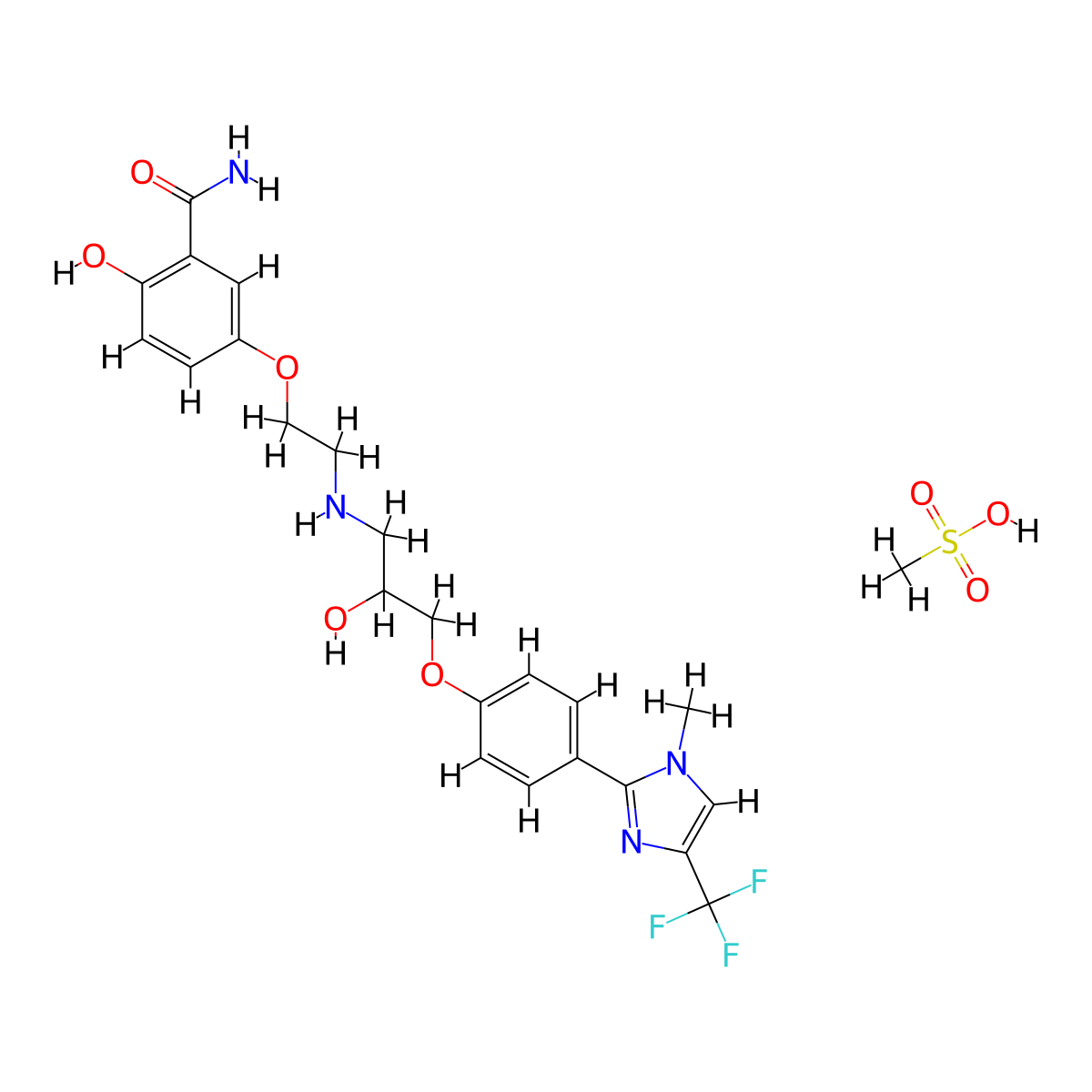 2-Hydroxy-5-(2-((2-hydroxy-3-(4-(1-methyl-4-(trifluoromethyl)-1H-imidazol-2-yl)phenoxy)propyl)amino)ethoxy)benzamide methanesulfonate (1:1) molecular structure, CAS 105737-62-0