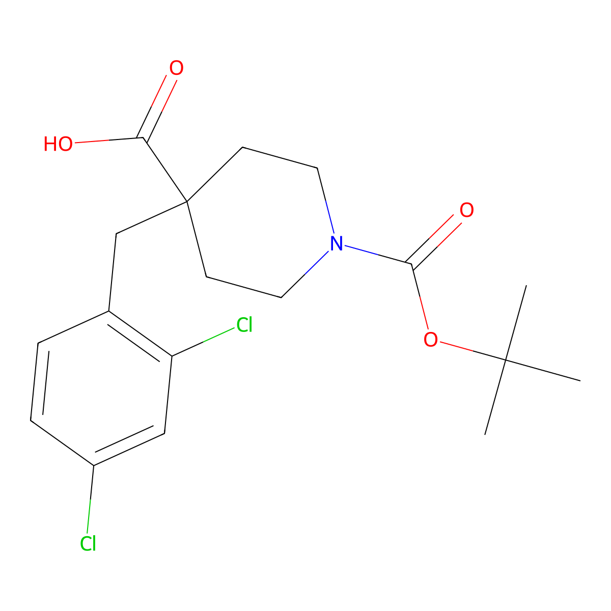 1-Boc-4-(2,4-dichlorobenzyl)-4-carboxypiperidine molecular structure, CAS 1057384-01-6