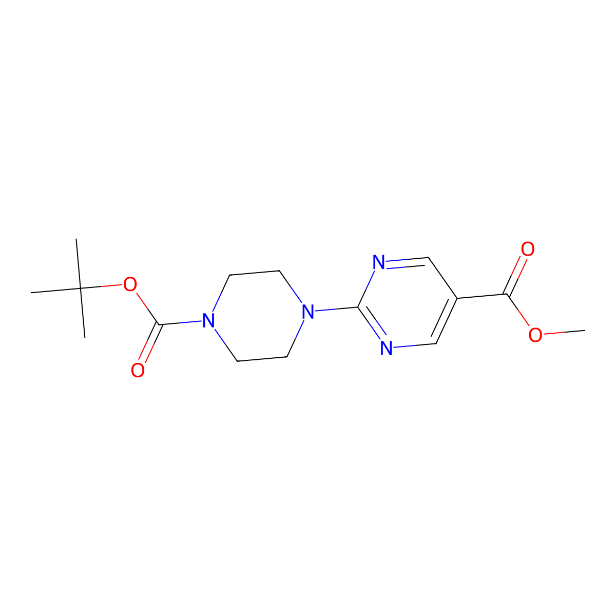 Methyl 2-(4-(tert-butoxycarbonyl)piperazin-1-yl)pyrimidine-5-carboxylate molecular structure, CAS 1057682-17-3