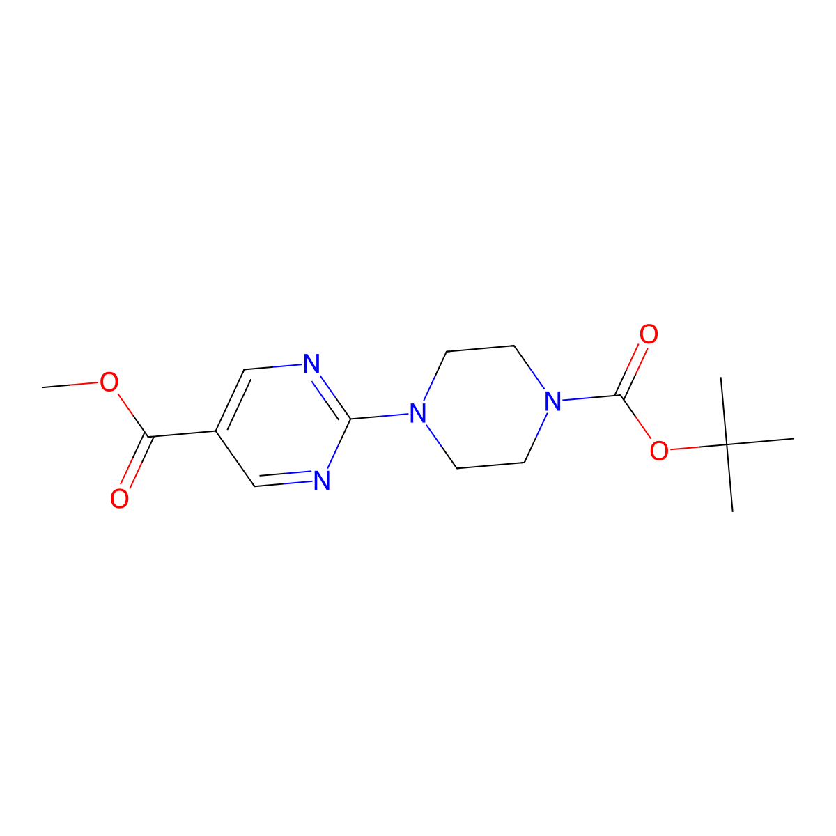 Methyl 2-(4-(tert-butoxycarbonyl)piperazin-1-yl)pyrimidine-5-carboxylate molecular structure, CAS 1057682-17-3