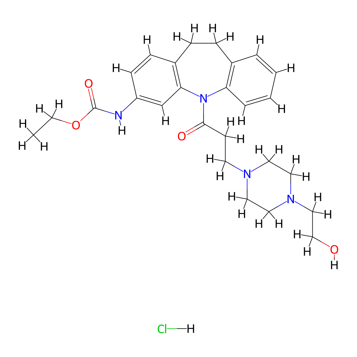 Carbamic acid, (10,11-dihydro-5-(3-(4-(2-hydroxyethyl)-1-piperazinyl)-1-oxopropyl)-5H-dibenz(b,f)azepin-3-yl)-, ethyl ester, monohydrochloride molecular structure, CAS 105774-14-9