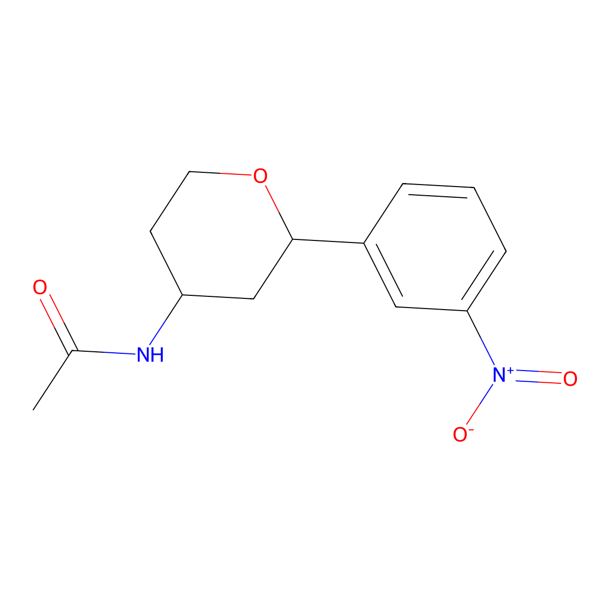 rac-N-((2R,4S)-2-(3-nitrophenyl)tetrahydro-2H-pyran-4-yl)acetamide molecular structure, CAS 1057963-36-6