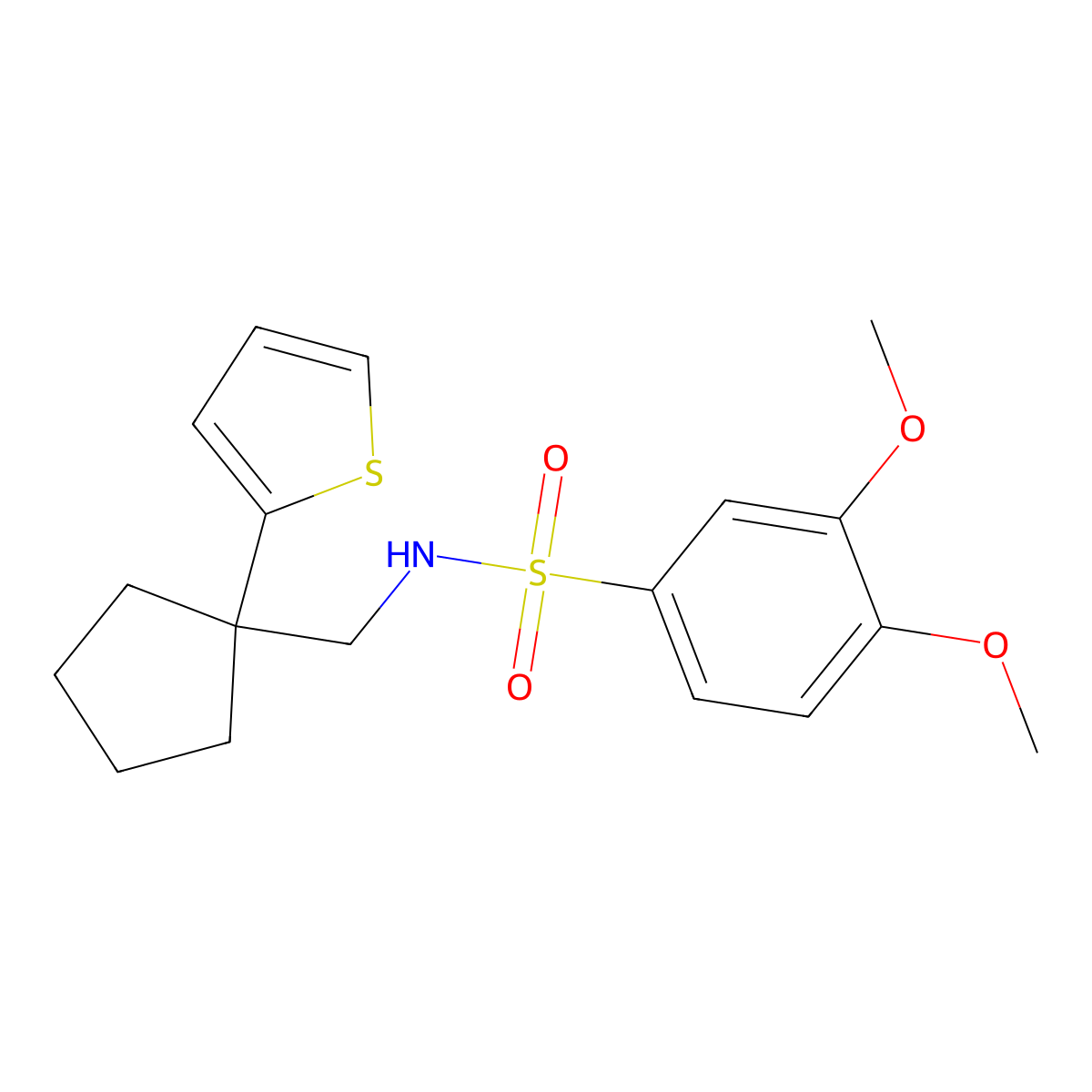 3,4-dimethoxy-N-((1-(thiophen-2-yl)cyclopentyl)methyl)benzenesulfonamide molecular structure, CAS 1058184-75-0
