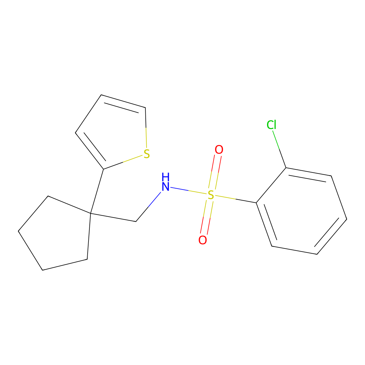 2-chloro-N-{[1-(thiophen-2-yl)cyclopentyl]methyl}benzene-1-sulfonamide molecular structure, CAS 1058184-76-1